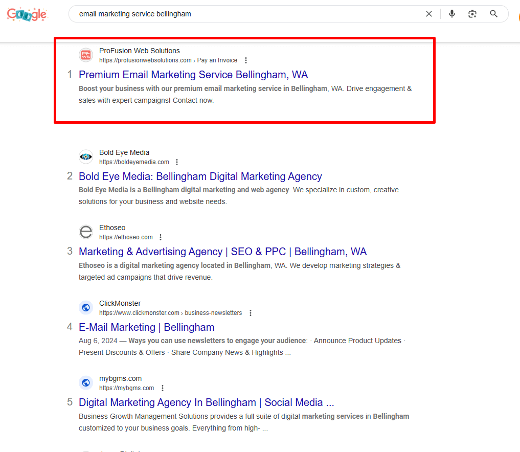 Profusion Google No 1 rank position